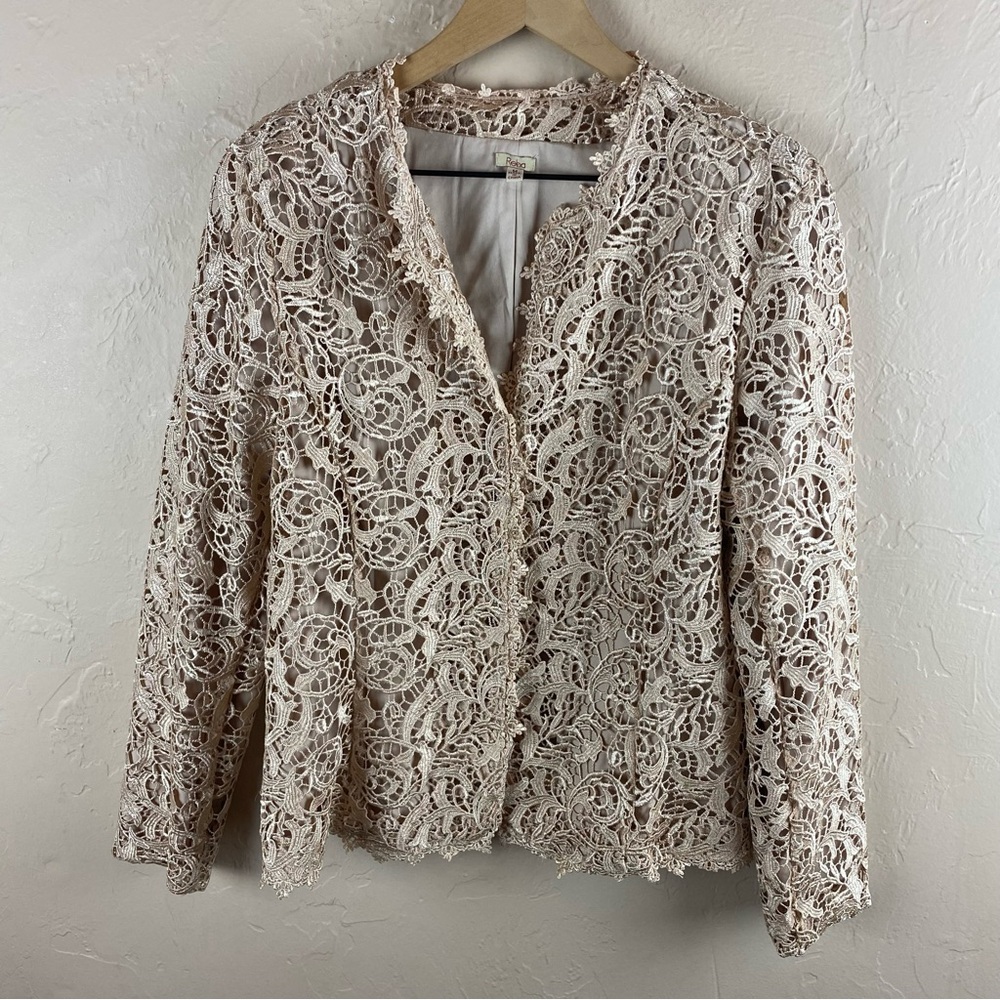 Reba Cream Ivory Beige Gold Lace Crochet Jacket Medium